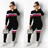 EVE Casual Striped Hooded Two Piece Pants Set MEI-9073