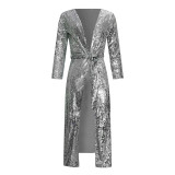 EVE Trendy Sequin Long Sleeve Sashes Maxi Coats TR-1000