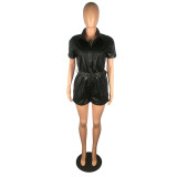 EVE PU Leather Short Sleeve Zipper Rompers With Belt BS-1157