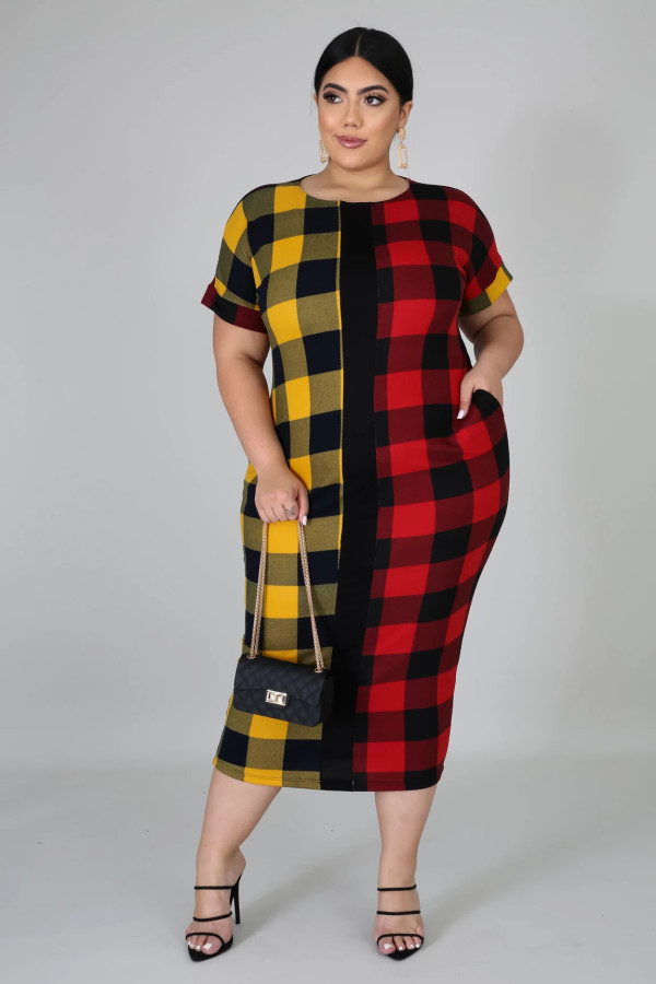 EVE Plus Size 5XL Plaid Print Short Sleeve Long Dress OSM2-3299