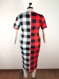 EVE Plus Size 5XL Plaid Print Short Sleeve Long Dress OSM2-3299