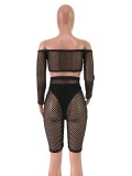 EVE Sexy Mesh Fishnet Hollow Two Piece Shorts Set Plus Size FNN-8110