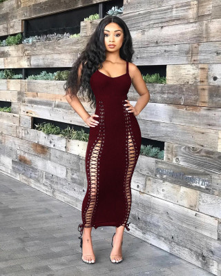 EVE Sexy Spaghetti Strap Lace Up Hollow Out Maxi Dress YN-003