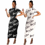 EVE Plus Size Letter Print Short Sleeve Slim Maxi Dress YNB-7053