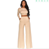 EVE Solid Long Sleeve Wide Leg Pant 2 Piece Sets LUO-3030