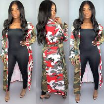 EVE Camo Print Notched Collar Sashes Long Trench Coat HMS-5181