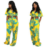 EVE Plus Size Leaves Print Tie Up Two Piece Set FNN-8121