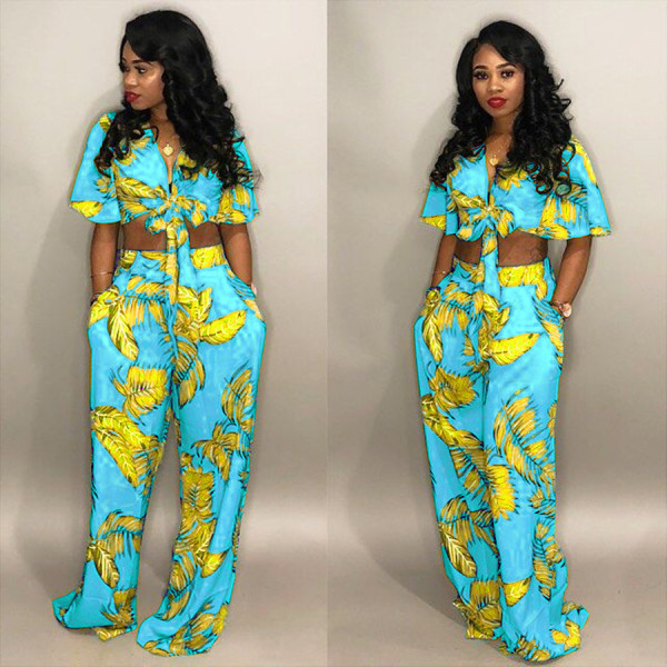 EVE Plus Size Leaves Print Tie Up Two Piece Set FNN-8121
