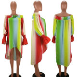 EVE Plus Size Rainbow Stripe Slash Neck Loose Dress HM-6079