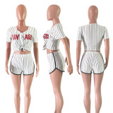 EVE Plus Size Striped Baseball Two Piece Shorts Set ASL-6025