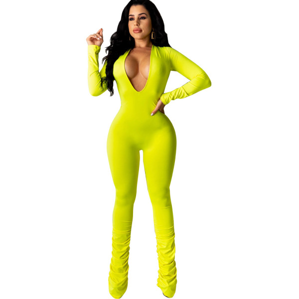 EVE Solid Deep V Neck Long Sleeve Bodycon Jumpsuit SFY-001