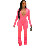 EVE Solid Deep V Neck Long Sleeve Bodycon Jumpsuit SFY-001