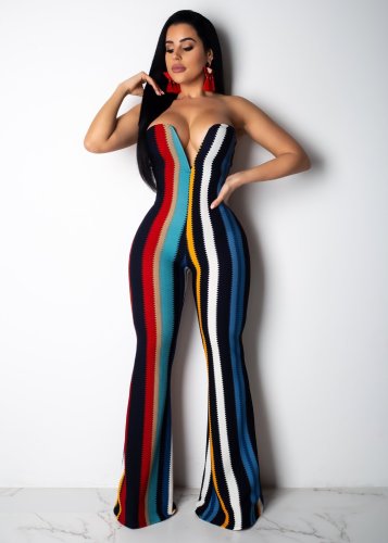 EVE Colorful Stripe V Neck Strapless Tube Jumpsuits SFY-009-1