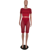 EVE Sexy Grid Hollow 3pcs Crop Top+Underpants+Shorts Set MEM-8104