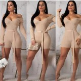EVE Solid Ribbed Slash Neck Sashes Bodycon Rompers ARM-8118