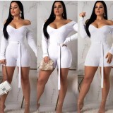 EVE Solid Ribbed Slash Neck Sashes Bodycon Rompers ARM-8118