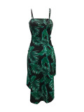 EVE Leaves Print Spaghetti Strap High Low Irregular Dress SHA-6048