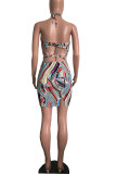 EVE Geometric Print Halter Mini Skirt Two Piece Sets SHA-6005