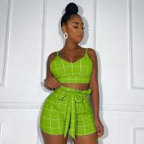 EVE Sexy Plaid Tank Top Shorts Two Piece Set HM-6192
