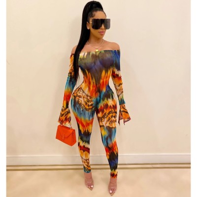 EVE Sexy Mesh Printed Slash Neck Bodycon Jumpsuits SHA-6135