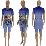 EVE Gradient Cartoon Print Split T Shirt Shorts 2 Piece Set MEI-9080