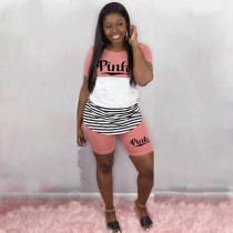 EVE Pink Letter Stripe Patchwork T Shirt Short 2 Piece Sets LDS-3202
