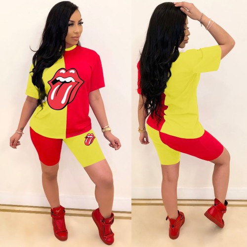 Wholesale Plus Size Tongue Print Patchwork Two Piece Shorts Set