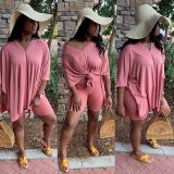 EVE Solid V Neck Loose T Shirt And Shorts 2 Piece Set MX-10873