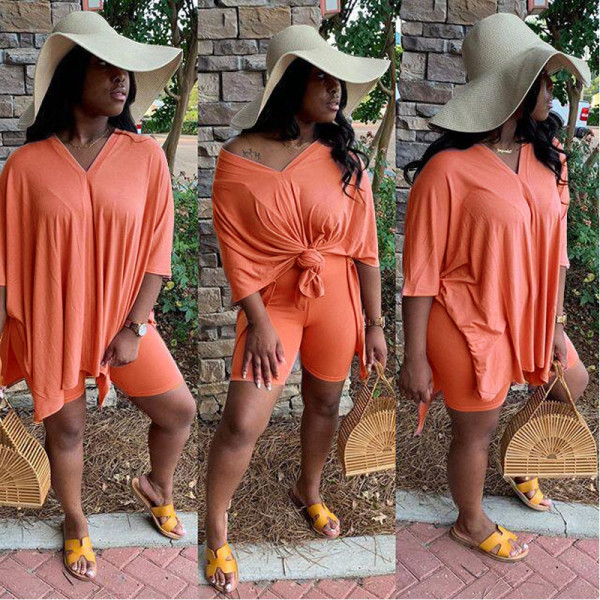 EVE Solid V Neck Loose T Shirt And Shorts 2 Piece Set MX-10873