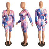 EVE Tie Dye Hooded Waist Two Piece Shorts Set JH-H146