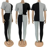 EVE Contrast Color Short Sleeve Two Piece Pants Suit FNN-N8364