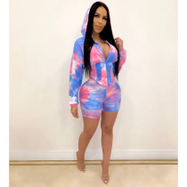EVE Tie Dye Hooded Waist Two Piece Shorts Set JH-H146