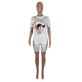EVE White Cartoon T Shirt And Shorts Two Piece Sets ML-M7310