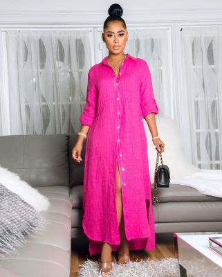 EVE Casual Loose Solid Flax Long Shirt Dress SFY-104