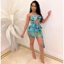 EVE Sexy Printed Mesh Off Shoulder Mini Club Dress CHY-1221