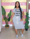 EVE Plus Size Casual Letter Print Drawstring Split Midi Dress LDS-3211