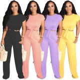 EVE Solid Short Sleeve Two Piece Pants Set YS-8319
