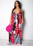 EVE Leaves Print Big Swing Spasghetti Strap Maxi Dress TR-1019