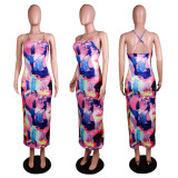 Sexy Printed Backless Strappy Long Dress WY-6651