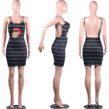 EVE Striped Tongue Print Sexy Backless Camisole Dress MIL-103