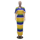 EVE Colorful Stripe V Neck Split Maxi Dress IV-8085