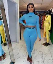 EVE Letter Print Long Sleeve Fitness Tight Two Piece Set FNN-8365