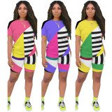 EVE Plus Size Geometric Striped Casual Two Piece Shorts Set ASL-6263