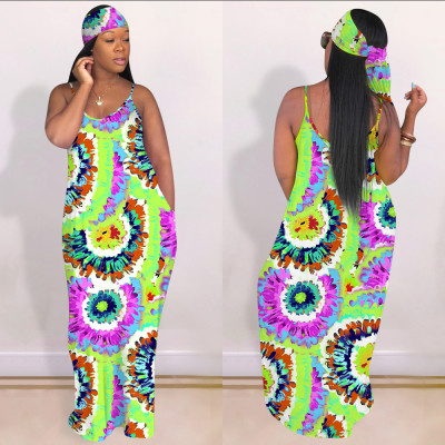 EVE Tie Dye Print Sleeveless Maxi Slip Dress With Headscarf OYF-8195