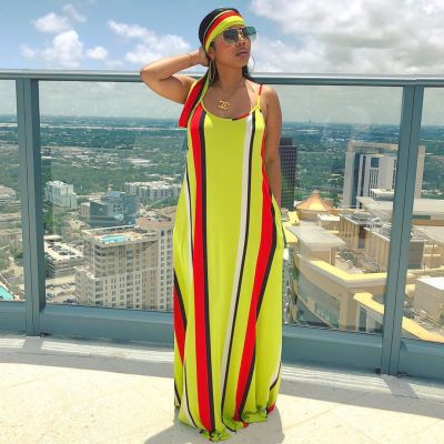 EVE Colorful Stripe Loose Maxi Slip Dress With Headscarf BS-1187