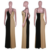 EVE Contrast Color Sexy Deep V Spaghetti Strap Maxi Dress NIK-029-1