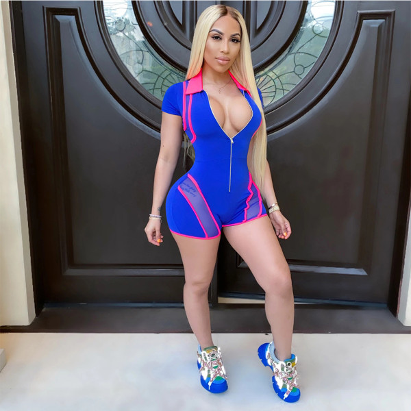 Sexy Short Sleeve Zipper Stitching Romper TE-4029