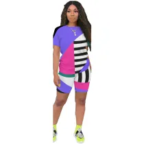 EVE Plus Size Geometric Striped Casual Two Piece Shorts Set ASL-6263-1