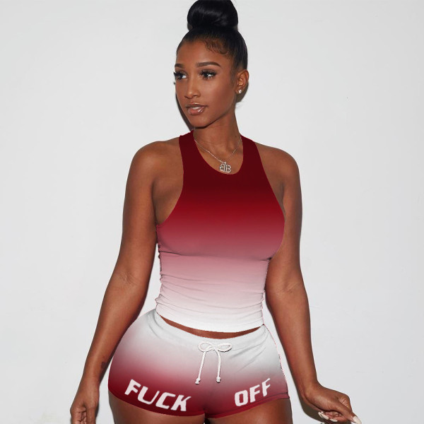 EVE Gradient Letter Tank Top Shorts Fitness 2 Piece Sets ASL-6262