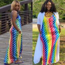 EVE Rainbow Stripe Print Spaghetti Strap Maxi Dress ML-7317